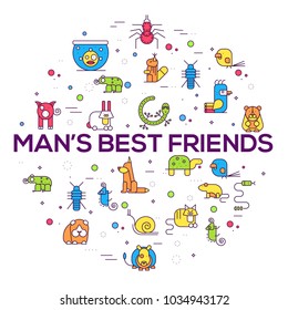 Animal flat thin line illustration icons circle set. Outline cute home pets on isolated background. Different collection domestic wildlife objects concept design.
