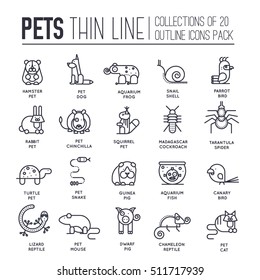 Animal flat thin line illustration icons set. Outline cute home pets on isolated background. Different collection domestic wildlife objects concept design 