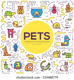 Animal flat thin line illustration icons set. Outline cute home pets on isolated background. Different collection domestic wildlife objects concept design 