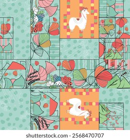 Animal and floral seamles vector pattern design for textile, fashion, scarf, fabric, texture. 