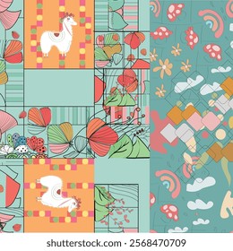 Animal and floral seamles vector pattern design for textile, fashion, scarf, fabric, texture. 