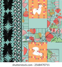 Animal and floral seamles vector pattern design for textile, fashion, scarf, fabric, texture. 