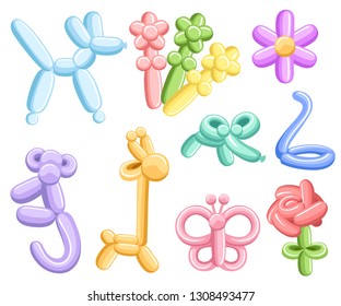 Animal and flower balloons. Vector balloon animals for happy kids party. Cartoon vector collection icon. Illustration isolated on white background.