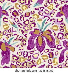 Animal flower seamless pattern with grunge effect. Leopard skin and iris flowers pattern. Vector