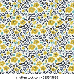 Animal flower seamless pattern with grunge effect. Leopard skin and flowers pattern. Vector