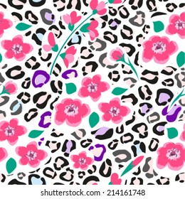 Animal flower seamless pattern in vector. Leopard skin and flowers background.