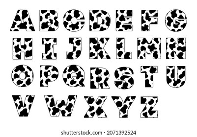 Animal Font For Posters. Cow Spots Black And White. Holstein Cattle. Retro Alphabet. Vintage Print Skins Typeface, Editable And Layered. Vector Trendy Modern Chrome Capital Letters For Banners.