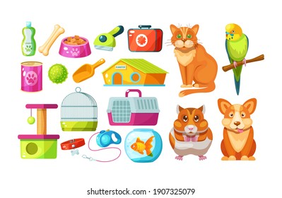 Animal food, accessories and toys domestic store. Pet shop supplies with parrot, hamster, cat, dog. Pet accessories: shampoo, bone, food, leash-collar, first-aid kit, aquarium with fish cartoon vector