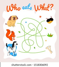 Animal food labyrinth learning game vector template. Who eats what maze, educational children puzzle. Cute zebra, squirrel and dog cartoon characters. Adorable wildlife flat illustration