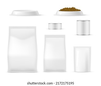 Animal Food Package Can Empty And Full Bowl Set Realistic Template Vector Illustration. Collection Commercial Ad Pack Design Nutrition For Feeding Pet Snack Tasty Formula. Plastic Metallic Container