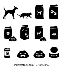 Animal Food - Pet Dog And Cat Food Vector Icon Set, Food Bowl Illustrations, Bags, Fish And Others
