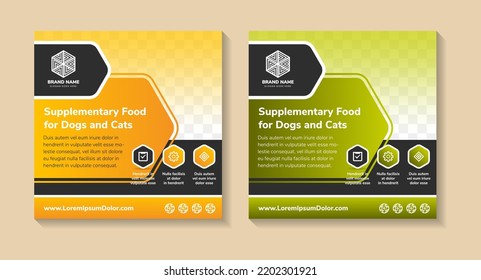 Animal Food Social Media Post Template Design, Pet Care Web Banner Template. Service Promotional Banner. Supplementary Food For Cats And Dogs Headline Of Feed Stories. Yellow And Green Colors.