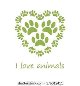 Animal foot print heart in eco style isolated in white