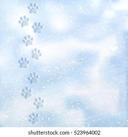 Animal foot prints to a snowy. Tracks in the snow. Dog footprints in the snow. Texture of snow surface. Vector illustration background. 