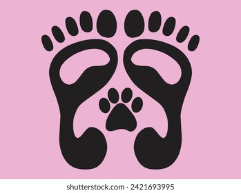 Animal footprint between two human footprints, human and animal bond concept