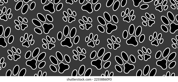 Animal footprint black and white background. Paw foot trail print. Vector illustration backdrop.