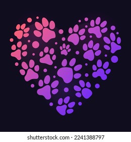 Colorido corazón de la huella animal. Vector Dog Paw Imprime el concepto en forma de corazón ilustración moderna