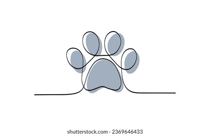 Animal footprint in continuous line drawing style. Continuous one line drawing. Black line art on white background with colorful spots. 