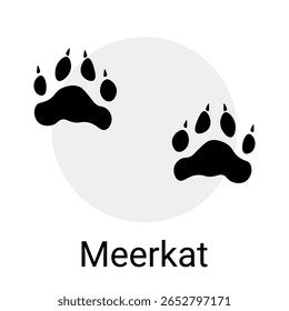 Pegada animal. Impressão digital Meerkat. As silhuetas pretas imprimem o ícone do zoológico. Forma da trilha do pé. Carimbo de trilha de mamíferos selvagens. Marca de passo com garras. Fauna selvagem. Caminhada da criatura. Cartão de zoologia vetorial