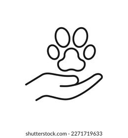 Animal footprint on hand. Pet care icon line style isolated on white background. Vector illustration