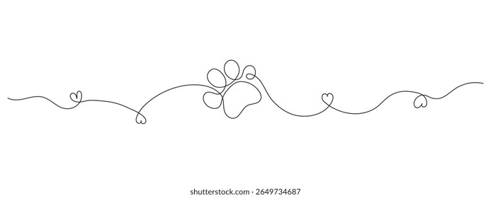 Animal footprint in one continuous line style. Minimalist line art symbol of a pet or wild animal track. Hand drawn vector illustration. Perfect for abstract backgrounds and nature design.