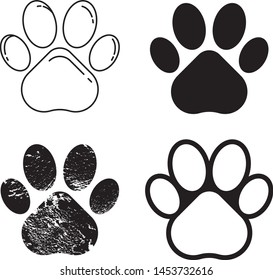 Animal footprint, pet paws. Vector illustration isolated on white background. Icon set, line design, grunge style