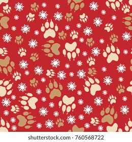 Animal footprint seamless pattern. Vector illustration with snowflakes