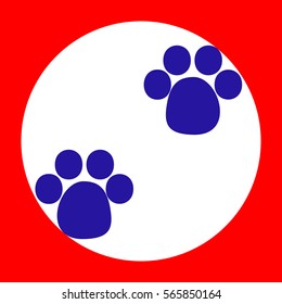 Animal footprint sign illustration. Blue icon in white circle at red background. Colors of USA flag. Circumscribed circle. Circumcircle.