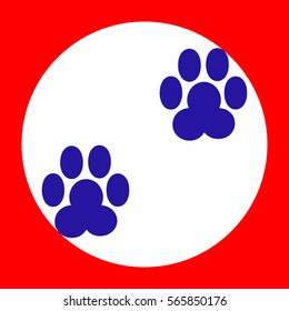 Animal footprint sign illustration. Blue icon in white circle at red background. Colors of USA flag. Circumscribed circle. Circumcircle.