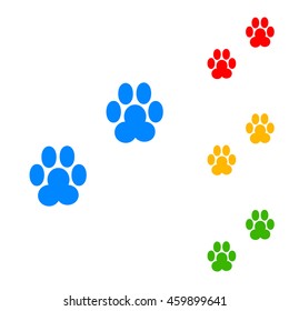 Animal footprint sign illustration. Colorful set of icon - blue, red, yellow, green.