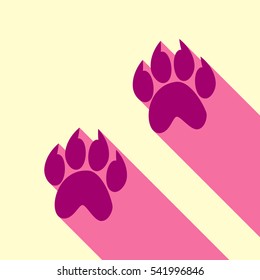 Animal footprint sign illustration. Flirt color icon with cyclamen flat style shadow path on cream background.