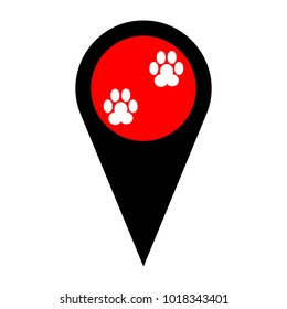 Animal footprint sign illustration. Vector. Flat white icon in red circle at black marker on white background. Isolated.
