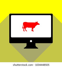 Animal footprint sign illustration. Vector. Red icon on white monitor of black all-in-one desktop computer with two shadows at yellow background.