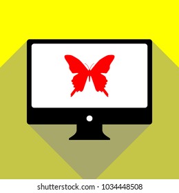 Animal footprint sign illustration. Vector. Red icon on white monitor of black all-in-one desktop computer with two shadows at yellow background.