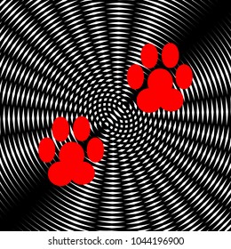 Animal footprint sign illustration. Vector. Red icon on white and black radial interference as background.