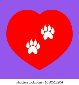 Animal footprint sign illustration. Vector. White icon in red heart at lavender background.