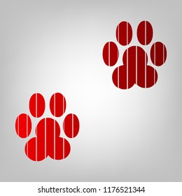 Animal footprint sign illustration. Vector. Vertically divided icon with colors from reddish gradient in gray background with light in center.
