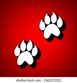 Animal footprint sign illustration. Vector. Perspective view of white icon with black outline at reddish background.