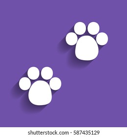 Animal footprint sign illustration. Vector. White icon with soft shadow on grape violet background.