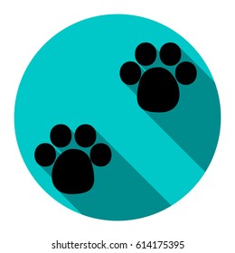 Animal footprint sign illustration. Vector. Flat black icon with flat shadow on sky circle with white background. Isolated.