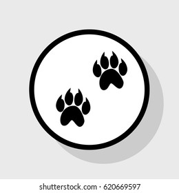 Animal footprint sign illustration. Vector. Flat black icon in white circle with shadow at gray background.