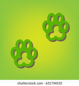 Animal footprint sign illustration. Vector. Green line icon with brown shadow at green-yellow background.
