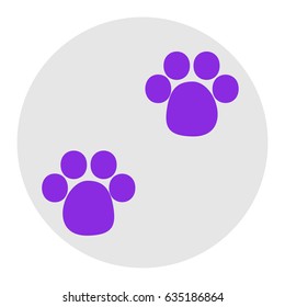 Animal footprint sign illustration. Vector. Violet flat icon on light gray circle at white background. Isolated.