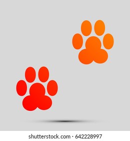 Animal footprint sign illustration. Vector. Orange, red-yellow icon with shadow on gray background.