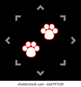 Animal footprint sign illustration. Vector. White icon in gray focus like mandala on black background.