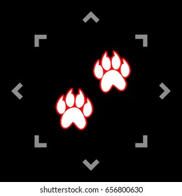 Animal footprint sign illustration. Vector. White icon in gray focus like mandala on black background.