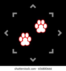 Animal footprint sign illustration. Vector. White icon in gray focus like mandala on black background.