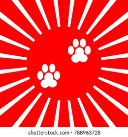 Animal footprint sign illustration. Vector. White icon on red sun with rays as background. Isolated.