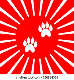 Animal footprint sign illustration. Vector. White icon on red sun with rays as background. Isolated.