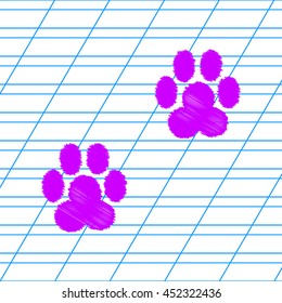 Animal footprint sign illustration. Violet scribble icon with school paper.